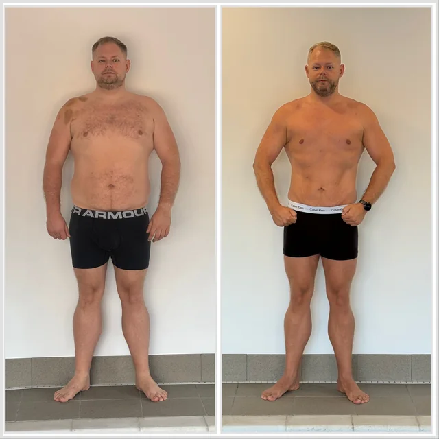 Damien Pearl, front comparison, two years of progress, July 2026